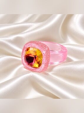 Blush Pink & Gold Crystal Chunky Resin Ring Glitter Statement Ring 8 New